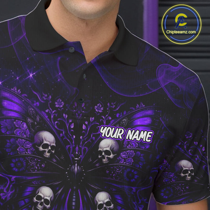 Personalized Black & Purple bowling jersey Butterfly skull Bowling Team Shirts, bowling gifts for men NQS11367