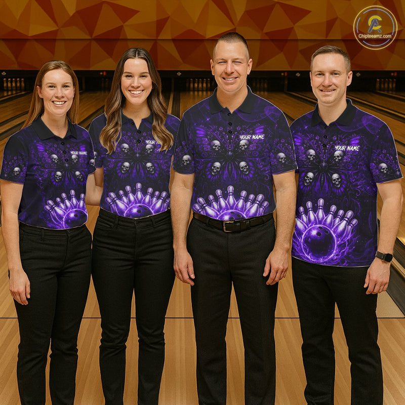 Custom Black & Purple bowling jersey Butterfly skull Bowling Team Shirts, bowling attire for women NQS11367