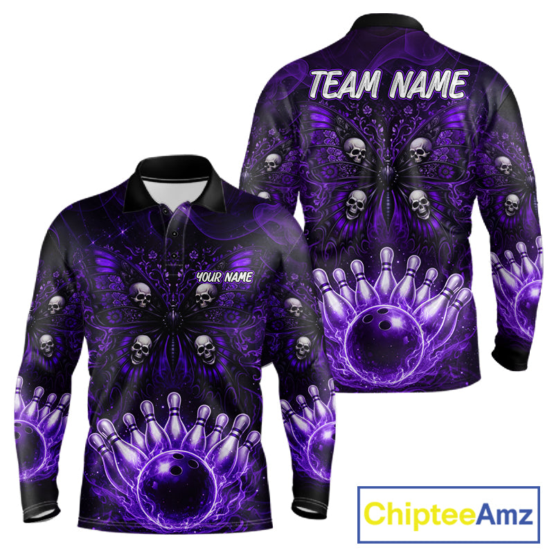 Personalized Black & Purple bowling jersey Butterfly skull Bowling Team Shirts, bowling gifts for men NQS11367