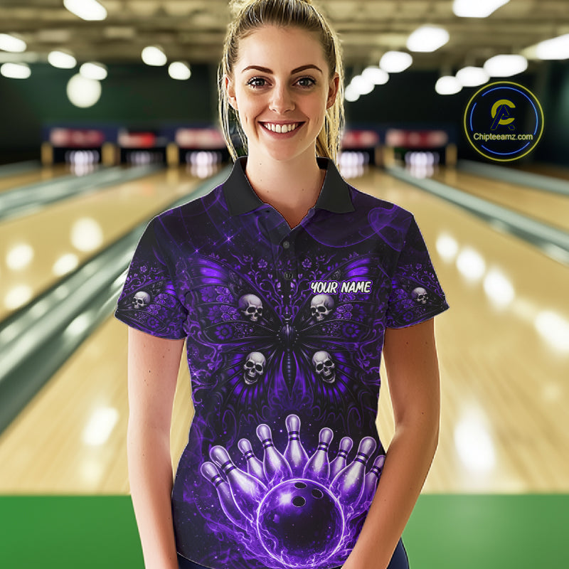 Custom Black & Purple bowling jersey Butterfly skull Bowling Team Shirts, bowling attire for women NQS11367