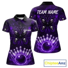 Load image into Gallery viewer, Custom Black &amp; Purple bowling jersey Butterfly skull Bowling Team Shirts, bowling attire for women NQS11367