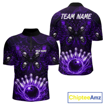 Personalized Black & Purple bowling jersey Butterfly skull Bowling Team Shirts, bowling gifts for men NQS11367