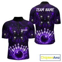 Load image into Gallery viewer, Personalized Black &amp; Purple bowling jersey Butterfly skull Bowling Team Shirts, bowling gifts for men NQS11367