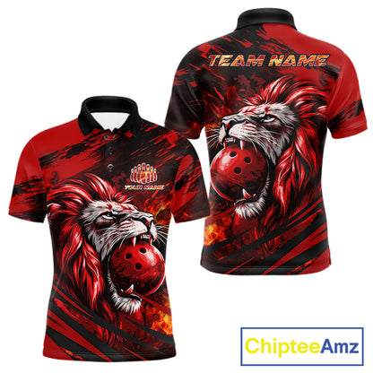 Black and Red Lion Bowling Polo, 1/4 Zip Jersey for Men, Lion Bowling Team League shirts NQS11572