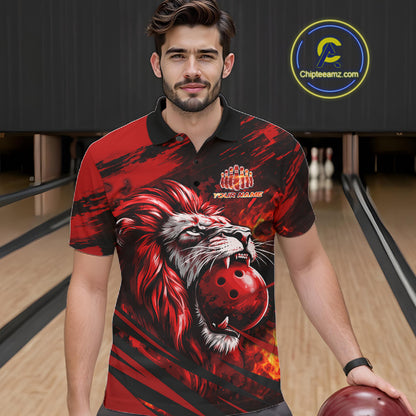 Black and Red Lion Bowling Polo, 1/4 Zip Jersey for Men, Lion Bowling Team League shirts NQS11572
