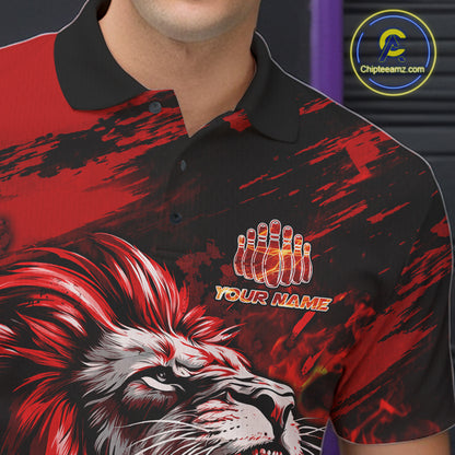Black and Red Lion Bowling Polo, 1/4 Zip Jersey for Men, Lion Bowling Team League shirts NQS11572