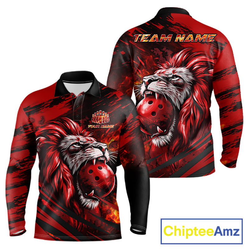 Black and Red Lion Bowling Polo, 1/4 Zip Jersey for Men, Lion Bowling Team League shirts NQS11572