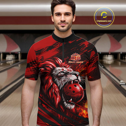 Black and Red Lion Bowling Polo, 1/4 Zip Jersey for Men, Lion Bowling Team League shirts NQS11572