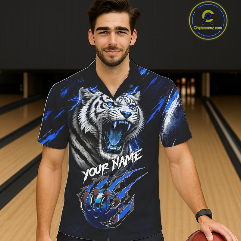 Black & Blue Lightning Thunder Tiger Bowling button-up shirts custom team Hawaiian Bowling jerseys NQS11575