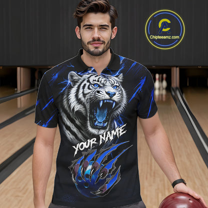 Black & Blue Lightning Thunder Tiger Bowling Polo, 1/4 zip shirts for men custom team Bowling jerseys NQS11575