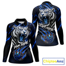 Load image into Gallery viewer, Black &amp; Blue Lightning Thunder Tiger Women Bowling Polo, 1/4 zip shirts custom team Bowling jerseys NQS11575