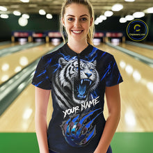 Load image into Gallery viewer, Black &amp; Blue Lightning Thunder Tiger Women Bowling Polo, 1/4 zip shirts custom team Bowling jerseys NQS11575
