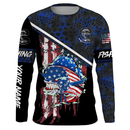 American Flag Mahi mahi fishing blue camo Custom name long sleeve Fishing Shirts NQS4820