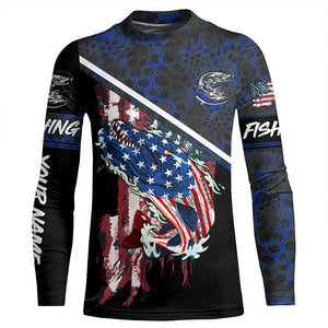 American Flag Norrthern pike fishing blue camo Custom name long sleeve Fishing Shirts NQS4822