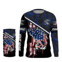 Load image into Gallery viewer, American Flag Norrthern pike fishing blue camo Custom name long sleeve Fishing Shirts NQS4822