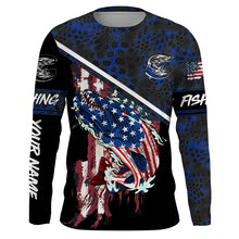 Load image into Gallery viewer, American Flag Northern pike fishing blue camo Custom name long sleeve Fishing Shirts NQS4822