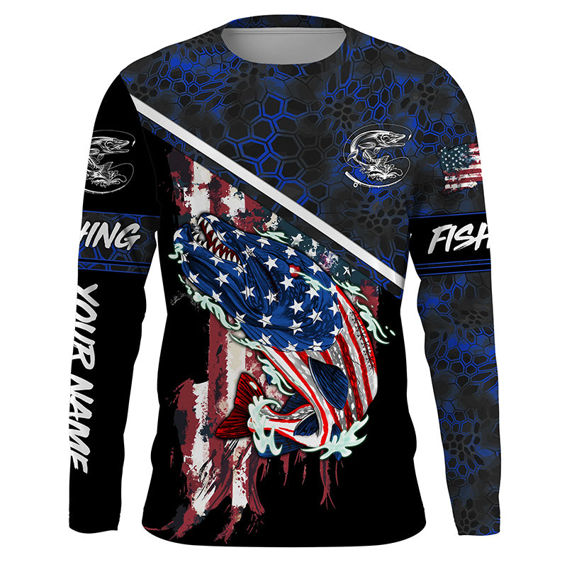 American Flag Northern pike fishing blue camo Custom name long sleeve Fishing Shirts NQS4822