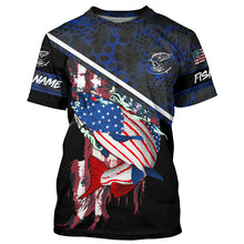 Load image into Gallery viewer, American Flag trout fishing blue camo Custom name trout long sleeve Fishing Shirts NQS4823