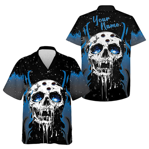 Custom Black and Blue Flame Galaxy Skull Bowling hawaiian shirt, Skull Bowling Team button up Shirts NQS9622