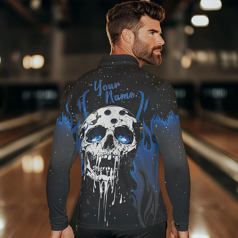 Custom Black and Blue Flame Galaxy Skull Bowling Shirts for Men, Skull Bowling Team Shirts Uniform NQS9622