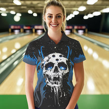 Load image into Gallery viewer, Custom Black and Blue Flame Galaxy Skull Bowling Shirts for Women, Skull Bowling Team Shirts Uniform NQS9622
