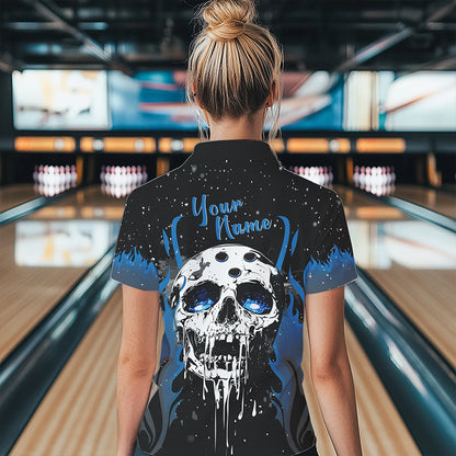 Custom Black and Blue Flame Galaxy Skull Bowling Shirts for Women, Skull Bowling Team Shirts Uniform NQS9622