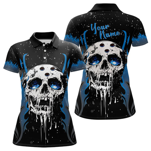 Custom Black and Blue Flame Galaxy Skull Bowling Shirts for Women, Skull Bowling Team Shirts Uniform NQS9622