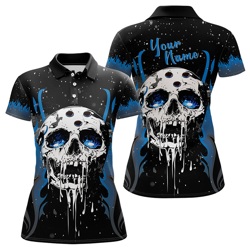 Custom Black and Blue Flame Galaxy Skull Bowling Shirts for Women, Skull Bowling Team Shirts Uniform NQS9622