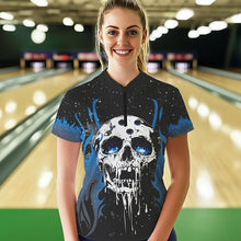 Load image into Gallery viewer, Custom Black and Blue Flame Galaxy Skull Bowling Shirts for Women, Skull Bowling Team Shirts Uniform NQS9622