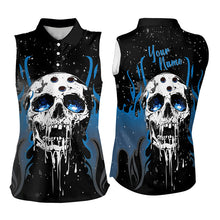 Load image into Gallery viewer, Custom Black and Blue Flame Galaxy Skull Bowling Sleeveless Polo Shirt, Skull Bowling Team Shirts NQS9622