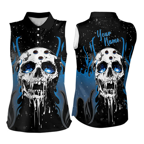 Custom Black and Blue Flame Galaxy Skull Bowling Sleeveless Polo Shirt, Skull Bowling Team Shirts NQS9622