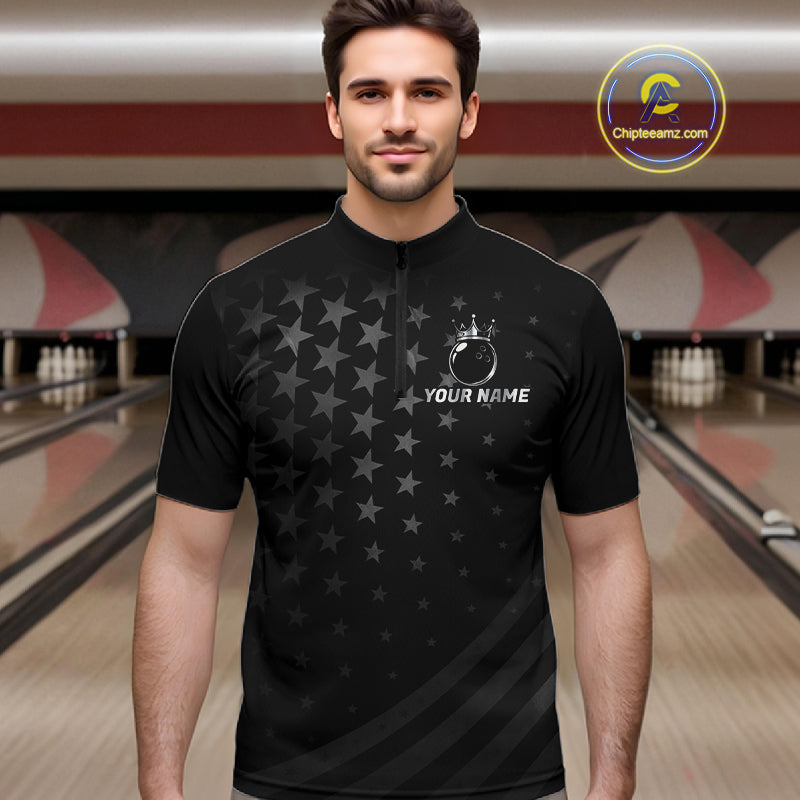Custom Black American Flag Bowling Team Shirts For Men, Personalized patriotic Bowling League Shirts NQS11706