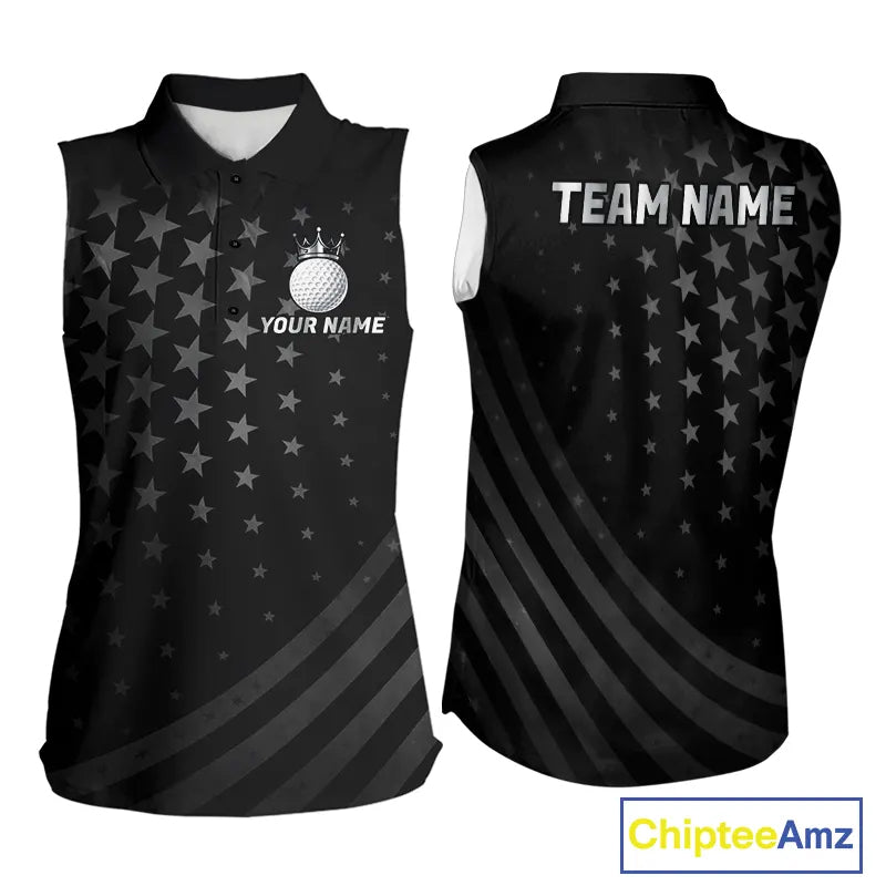 Custom Black American Flag Sleeveless Golf Polo shirt, Personalized patriotic Ladies Golf top NQS11707