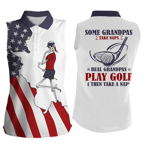 American flag patriotic Womens sleeveless polo skull grandmas take naps real grandmas play golf NQS5096