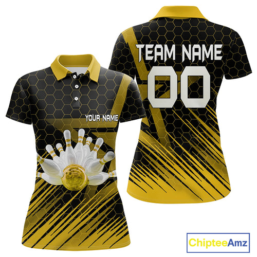 Black And Gold Custom Bowling Polo, Quarter Zip Shirts For Women, Bowling Team League Jersey NQS9810