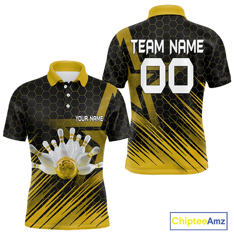 Black And Gold Custom Bowling Polo, Quarter Zip Shirts For Men, Bowling Team League Jersey NQS9810