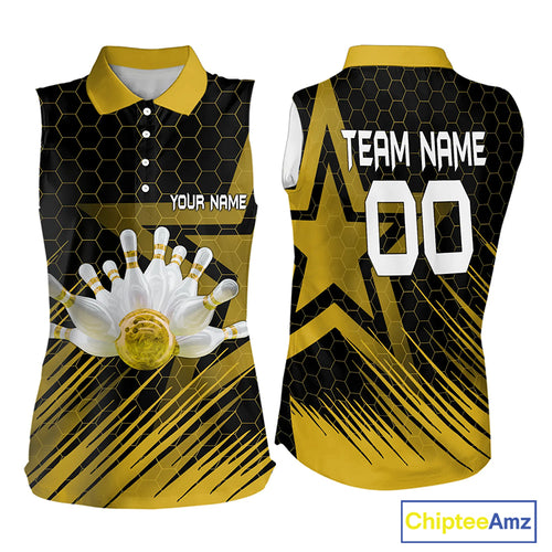 Black And Gold Custom Bowling Women Sleeveless Polo Shirt, Bowling Team League Jersey NQS9810