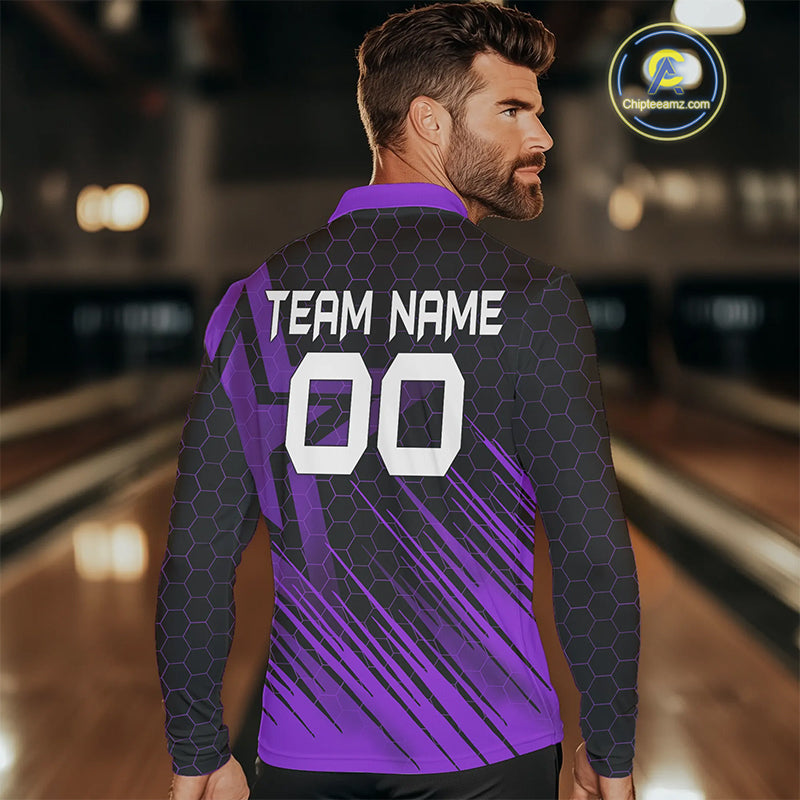 Black And Purple Custom Bowling Polo, Quarter Zip Shirts For Men, Bowling Team League Jersey NQS9811