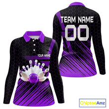 Load image into Gallery viewer, Black And Purple Custom Bowling Polo, Quarter Zip Shirts For Women, Bowling Team League Jersey NQS9811
