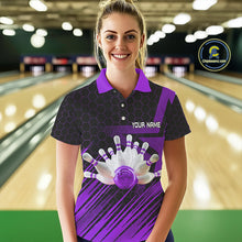 Load image into Gallery viewer, Black And Purple Custom Bowling Polo, Quarter Zip Shirts For Women, Bowling Team League Jersey NQS9811