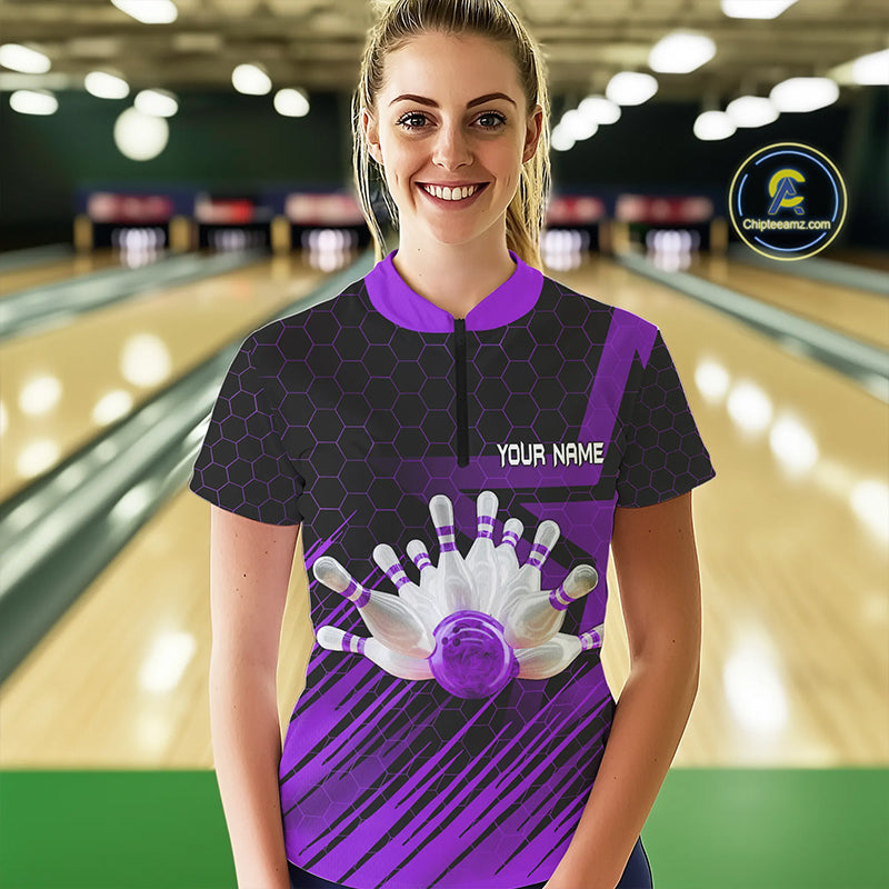 Black And Purple Custom Bowling Polo, Quarter Zip Shirts For Women, Bowling Team League Jersey NQS9811