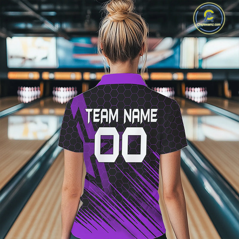 Black And Purple Custom Bowling Polo, Quarter Zip Shirts For Women, Bowling Team League Jersey NQS9811
