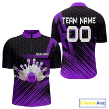 Load image into Gallery viewer, Black And Purple Custom Bowling Polo, Quarter Zip Shirts For Men, Bowling Team League Jersey NQS9811