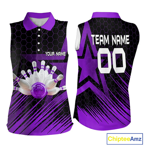 Black And Purple Custom Bowling Women Sleeveless Polo Shirt, Bowling Team League Jersey NQS9811