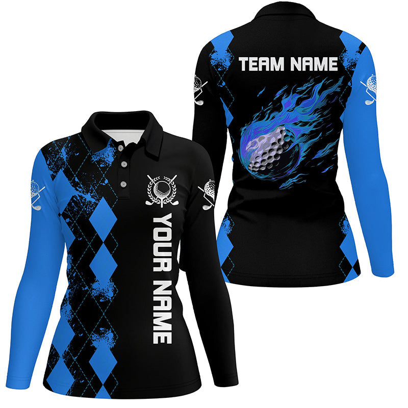 Black Womens golf polo shirts custom blue argyle pattern flame golf ball golf tops for team ladies NQS7713