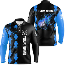 Load image into Gallery viewer, Black Mens golf polo shirts custom blue argyle pattern flame golf ball golf tops for mens NQS7713