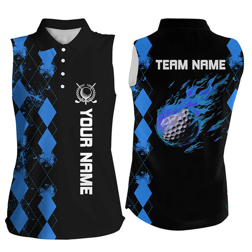 Black Womens sleeveless golf polo shirts custom blue argyle pattern flame golf ball ladies golf tops NQS7713