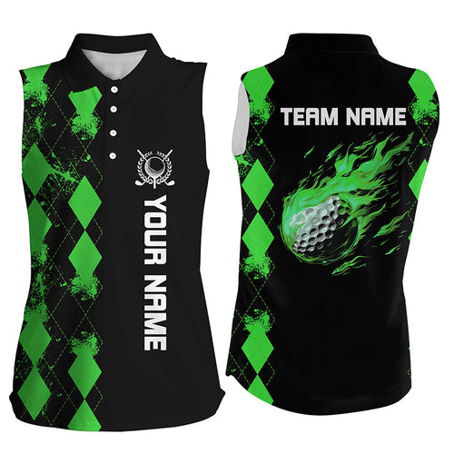 Black Womens sleeveless golf polo shirts custom green argyle pattern flame golf ball ladies golf tops NQS7714