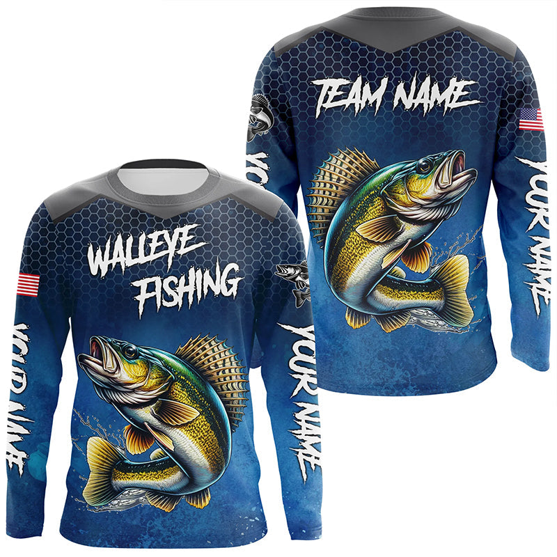 Blue camo Walleye fishing Custom performance long sleeve team Walleye fishing tournament shirts NQS7718