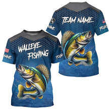 Load image into Gallery viewer, Blue camo Walleye fishing Custom performance long sleeve team Walleye fishing tournament shirts NQS7718